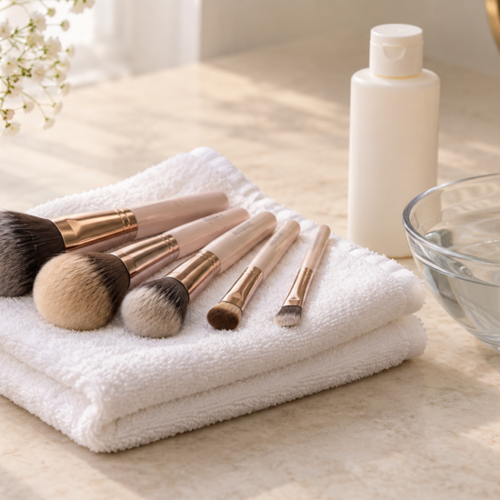 Clean makeup brushes on a white towel beside a bowl of water and gentle cleanser