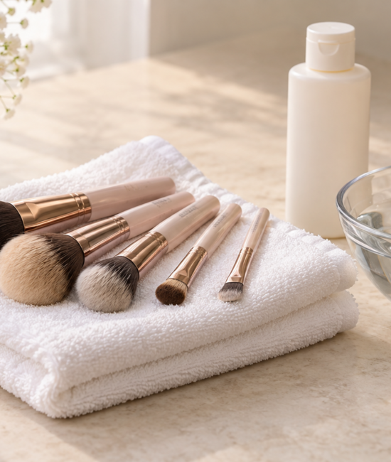Clean makeup brushes on a white towel beside a bowl of water and gentle cleanser