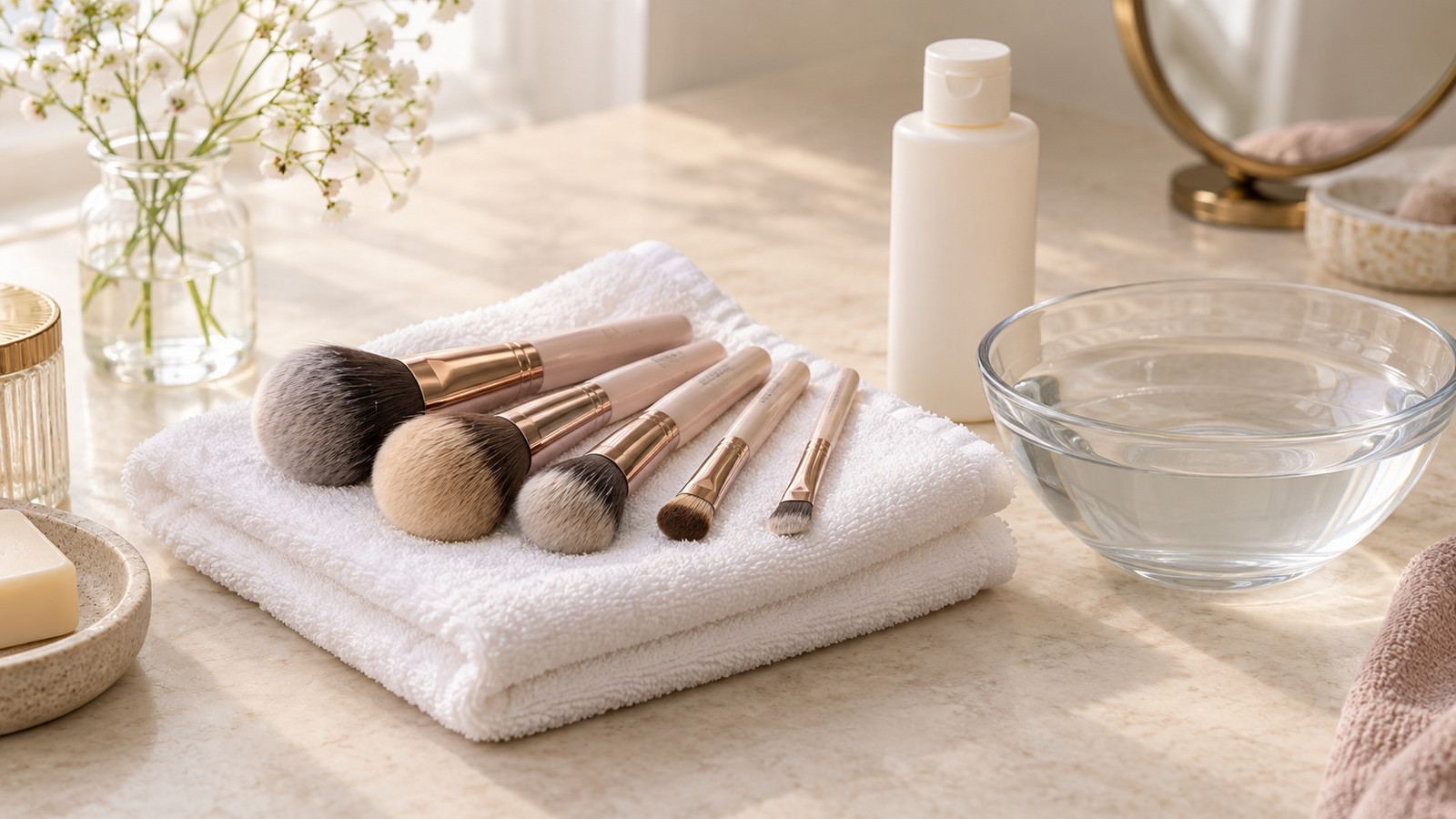 Clean makeup brushes on a white towel beside a bowl of water and gentle cleanser