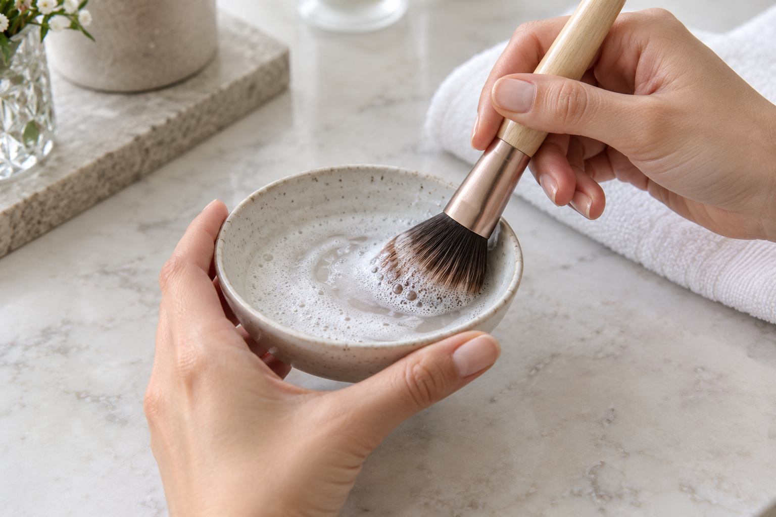 Hands gently cleaning a makeup brush with mild cleanser on a pale vanity