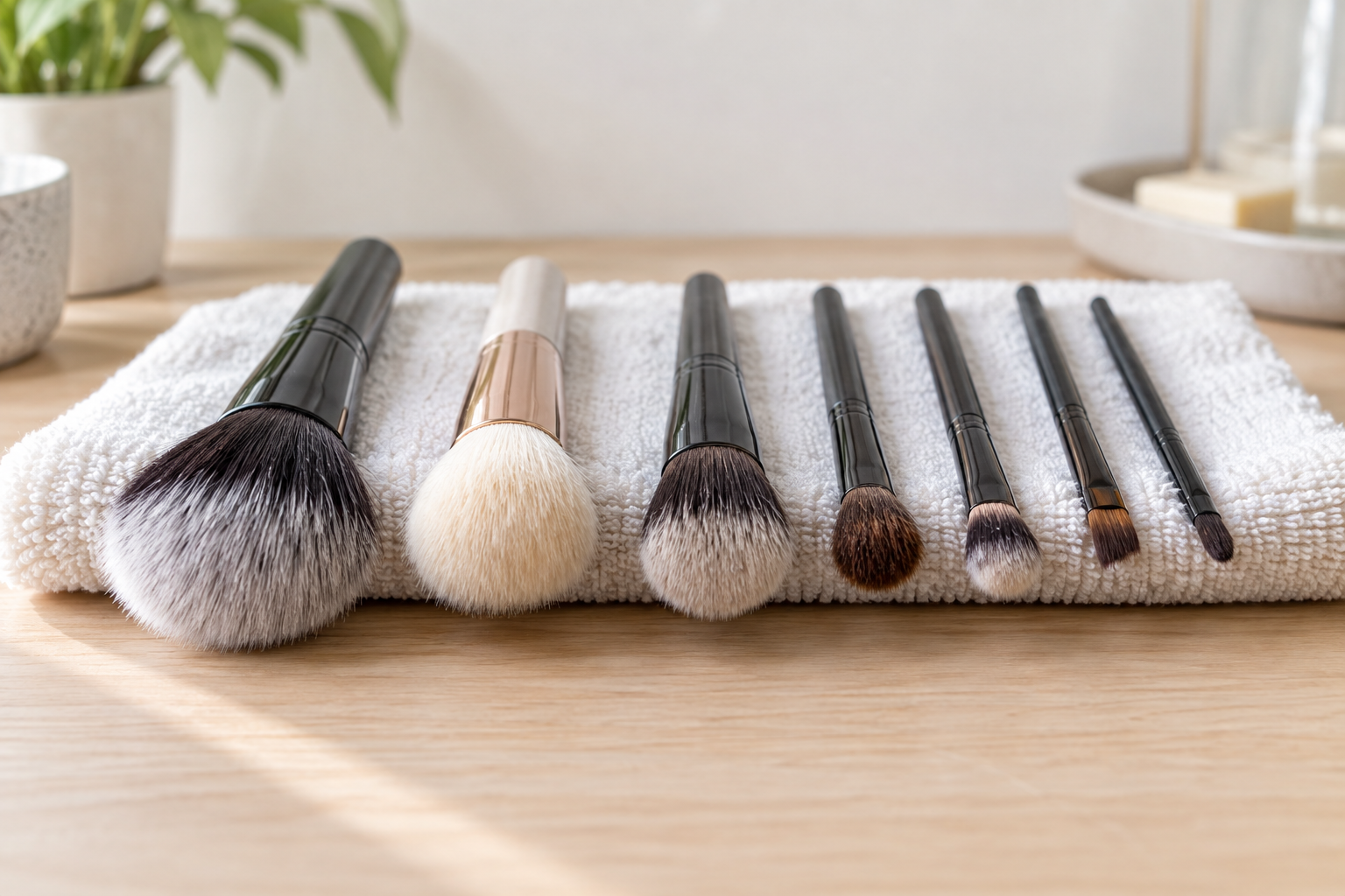 Freshly washed makeup brushes drying flat with bristles over the edge of a towel