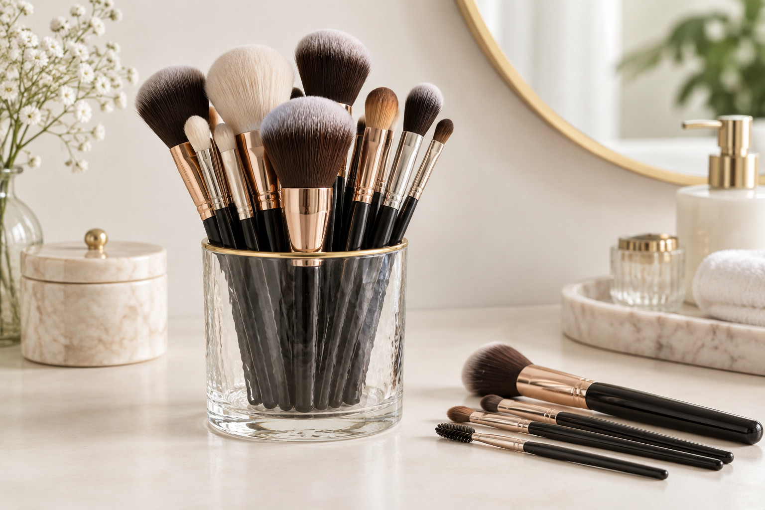 Fully dry clean makeup brushes stored upright in a clear glass holder on a vanity