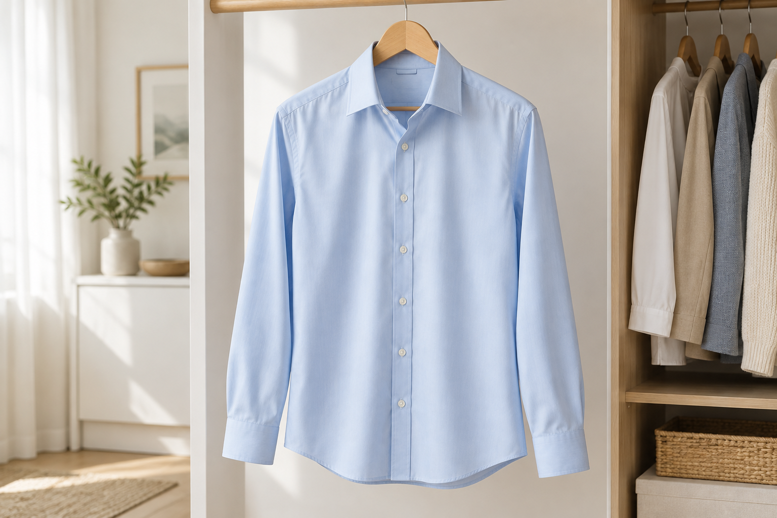 Freshly ironed light blue dress shirt hanging neatly on a wooden hanger