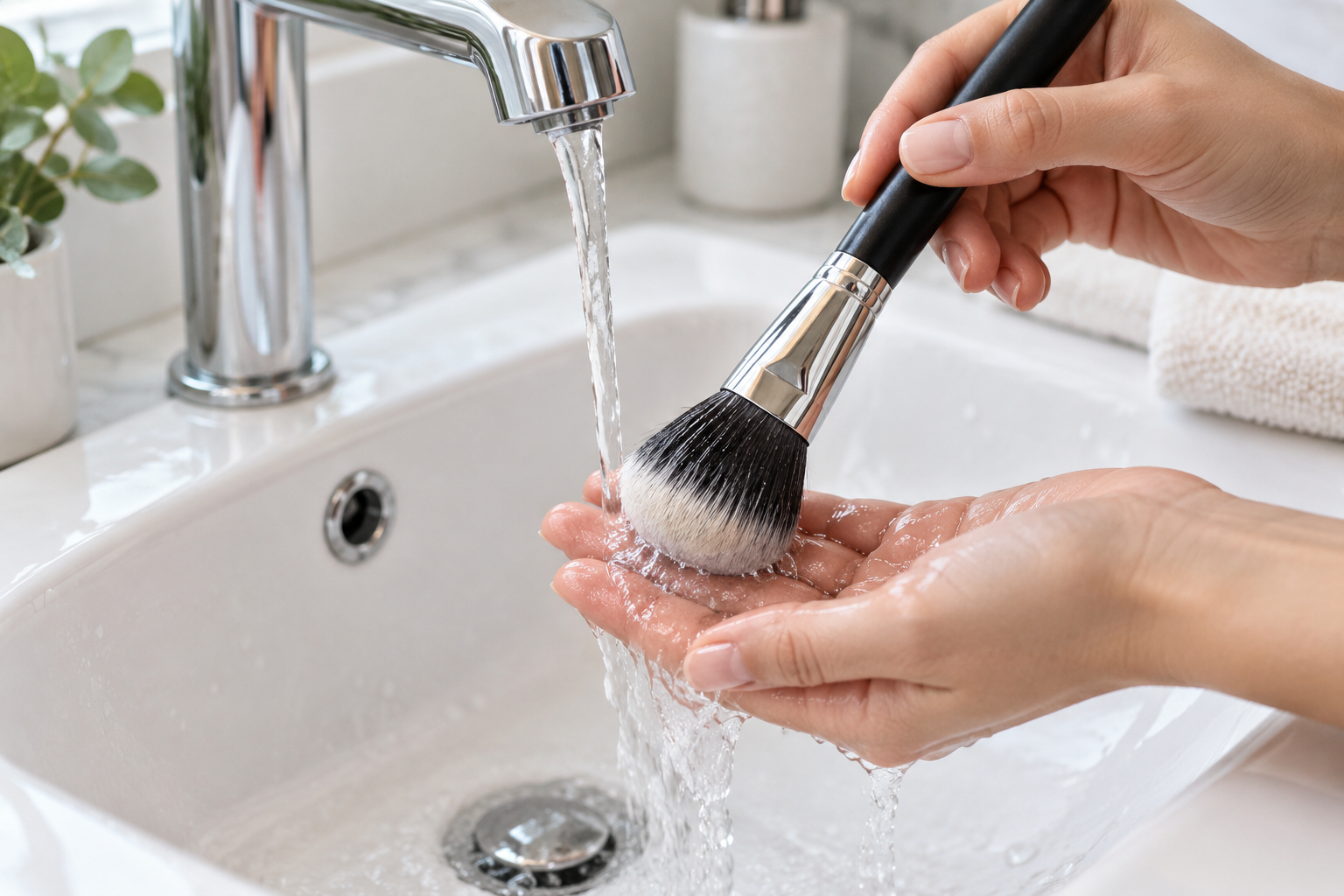 Makeup brush bristles pointing downward while being rinsed with lukewarm water