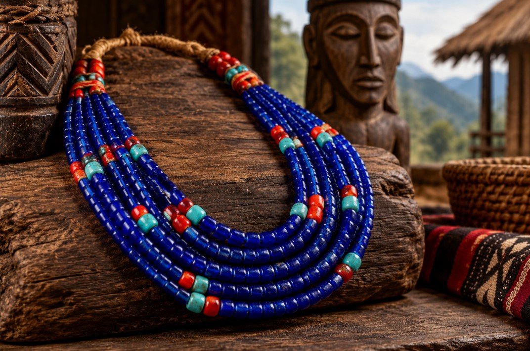 Antique Konyak Naga Cobalt Blue Glass Bead Necklace